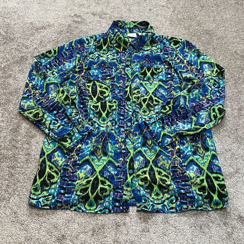 Kim Rogers Blouse Button Up Shirt Womens 1X Blue Green Pockets Long Sleeve Top